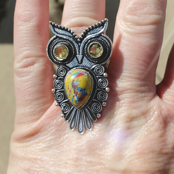 New Mosaic Jasper & Citrine Mystical Owl 925 Silver Ring. - Picture 10 of 12